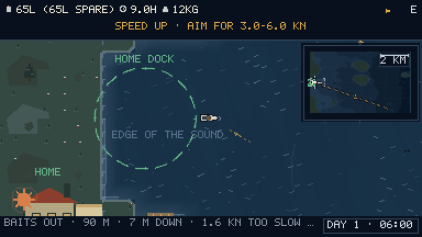 In-game view from the helm: a small boat leaving the home dock in Calder Sound.
