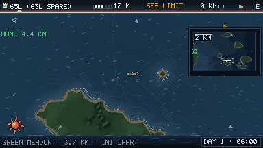 At the helm in Calder Sound: a small boat beside a tiny island, a wooded headland to the south, the chart in the corner.