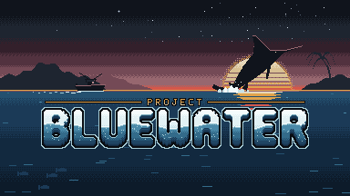Project Bluewater title card: a marlin leaping against a setting sun over the sea, painted in pixel art.